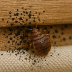 Pluskwa i czarne odchody na ramie łóżka – wyraźne oznaki infestacji