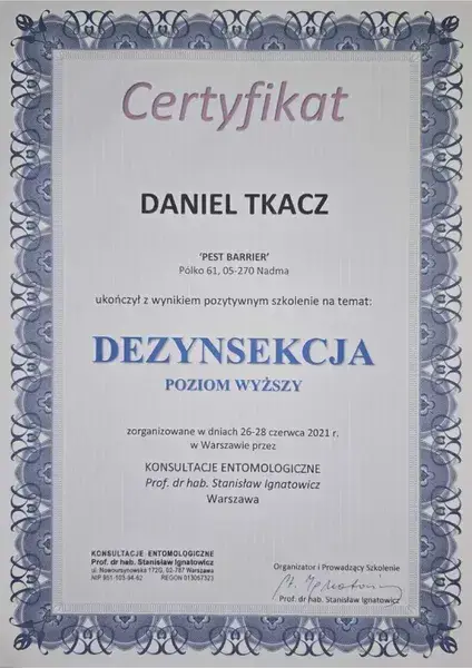 Home 8 Certyfikat – Dezynsekcja poziom wyższy – Daniel Tkacz
