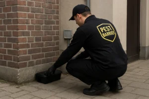 Ustawianie stacji deratyzacyjnej przy budynku firmy – obsługa Pest Barrier